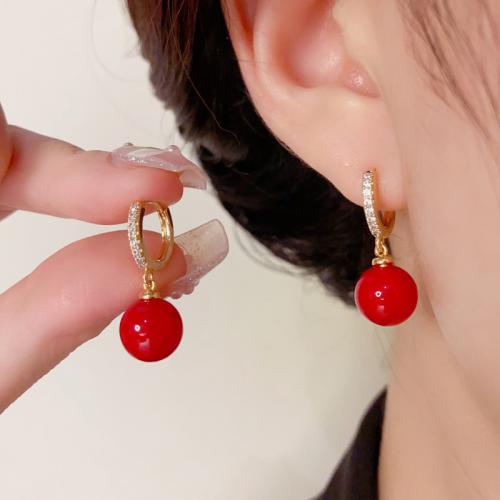 Cubic Zirconia Micro Pave Brass Earring with Plastic Pearl real gold plated micro pave cubic zirconia & for woman red Sold By Pair