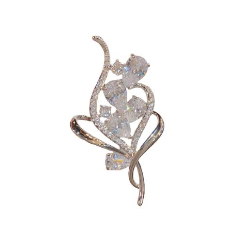 Fashion Broche Sieraden, Messing, Bloem, echt goud verguld, micro pave zirconia & voor vrouw, zilver, 58x31mm, Verkocht door PC