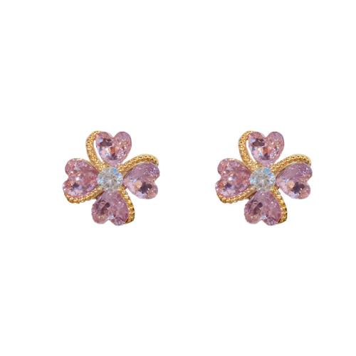 Boucles d'oreilles en laiton zircon cubique pavent, Pétales, Plaqué d'or, pavé de micro zircon & pour femme, violet, 13x13mm, Vendu par paire