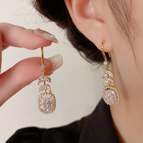 Cubic Zirconia Micro Pave Brass Earring, with Plastic Pearl, real gold plated, micro pave cubic zirconia & for woman, gold, 46x12mm, Sold By Pair