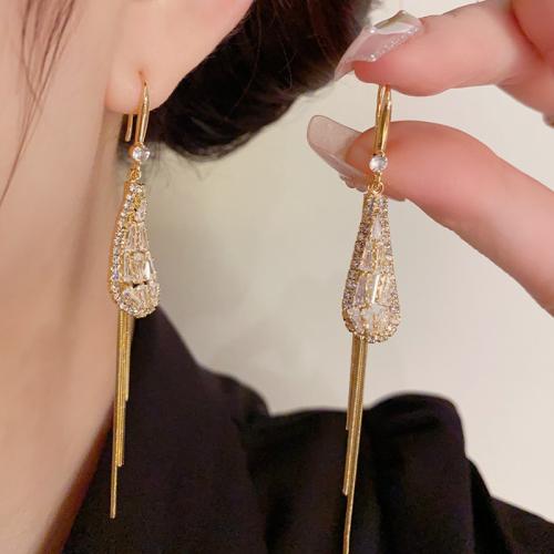 Boucles d'oreilles en laiton zircon cubique pavent, Plaqué d'or, pavé de micro zircon & pour femme, plus de couleurs à choisir, 87x10mm, Vendu par paire