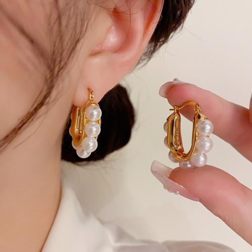 Brass Leverback Earring, with Plastic Pearl, real gold plated, for woman, gold, 28x7mm, Sold By Pair