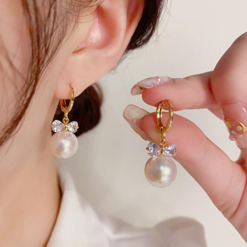 Cubic Zirconia Micro Pave Brass Earring, with Plastic Pearl, real gold plated, micro pave cubic zirconia & for woman, gold, 32x11mm, Sold By Pair