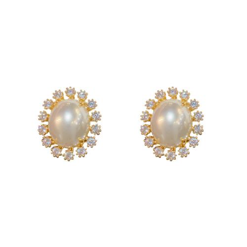 Boucles d'oreilles en laiton zircon cubique pavent, avec perle de plastique, Plaqué d'or, pavé de micro zircon & pour femme, Or, 16x14mm, Vendu par paire