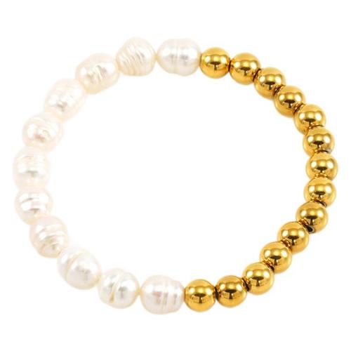 Stainless Steel Jewelry Bracelet, 304 Stainless Steel, with Plastic Pearl, 18K gold plated, fashion jewelry & for woman, white, Inner Diameter:Approx 70mm, Sold By PC