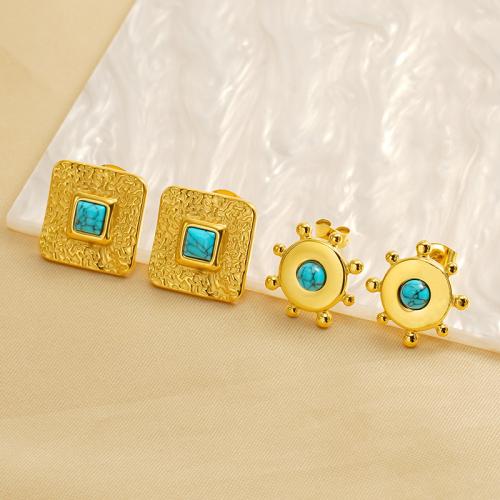 Pendientes de Acero Inoxidable, acero inoxidable 304, con turquesa, 18K chapado en oro, Joyería & diferentes estilos para la opción & para mujer, dorado, Vendido por Par