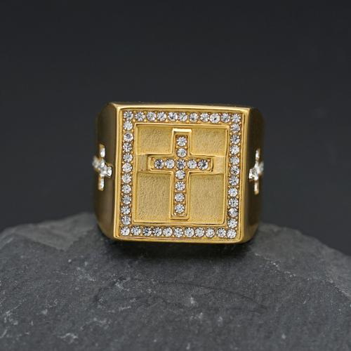 Rhinestone-Edelstahl -Finger-Ring, 304 Edelstahl, unisex & verschiedene Größen vorhanden & mit Strass, goldfarben, verkauft von PC