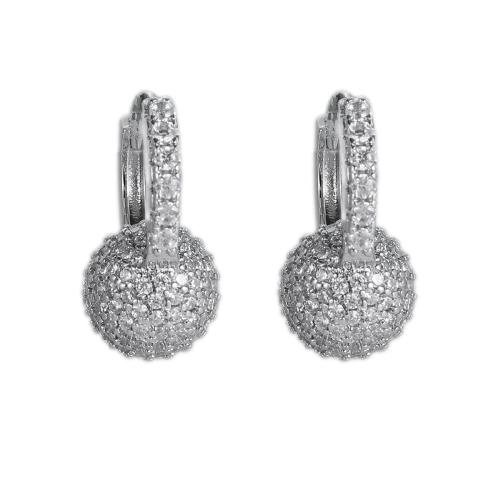 Boucles d'oreilles en laiton zircon cubique pavent, Rond, Placage de couleur argentée, bijoux de mode & pavé de micro zircon & pour femme, protéger l'environnement, sans nickel, plomb et cadmium, 8x15mm, Vendu par paire