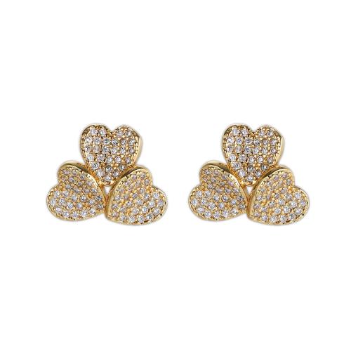 Boucles d'oreilles en laiton zircon cubique pavent, coeur, Placage, bijoux de mode & pavé de micro zircon & pour femme, plus de couleurs à choisir, protéger l'environnement, sans nickel, plomb et cadmium, 15x12mm, Vendu par paire