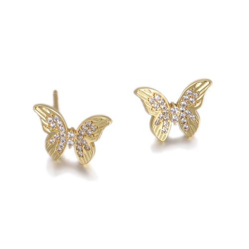 Boucles d'oreilles en laiton zircon cubique pavent, papillon, Placage, bijoux de mode & pavé de micro zircon & pour femme, plus de couleurs à choisir, protéger l'environnement, sans nickel, plomb et cadmium, 13x11mm, Vendu par paire