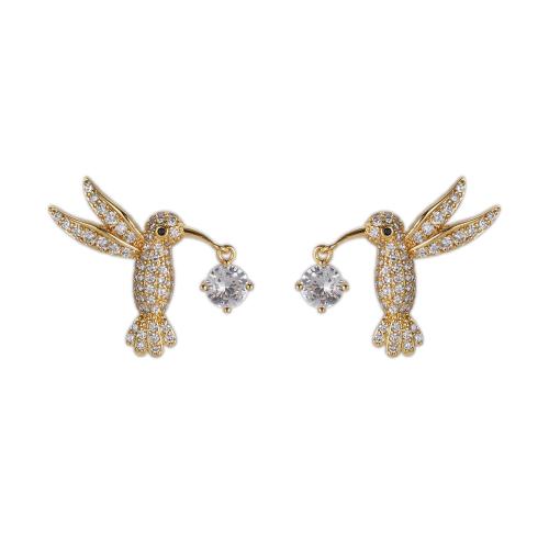 Boucles d'oreilles en laiton zircon cubique pavent, oiseau, Placage, bijoux de mode & pavé de micro zircon & pour femme, plus de couleurs à choisir, protéger l'environnement, sans nickel, plomb et cadmium, 25x17mm, Vendu par paire