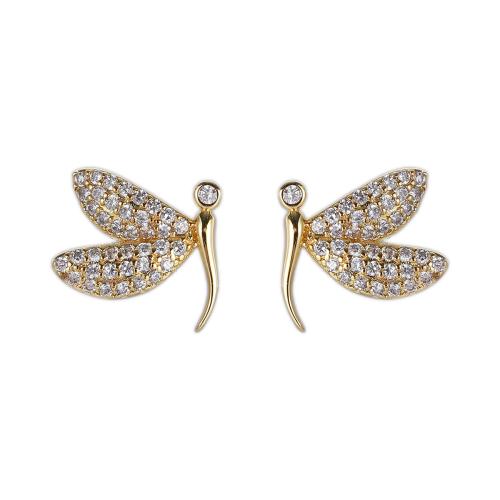 Boucles d'oreilles en laiton zircon cubique pavent, libellule, Placage, bijoux de mode & pavé de micro zircon & pour femme, plus de couleurs à choisir, protéger l'environnement, sans nickel, plomb et cadmium, 14x12mm, Vendu par paire