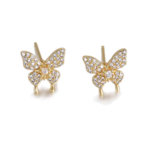 Boucles d'oreilles en laiton zircon cubique pavent, papillon, Placage, bijoux de mode & pavé de micro zircon & pour femme, plus de couleurs à choisir, protéger l'environnement, sans nickel, plomb et cadmium, 12x12mm, Vendu par paire