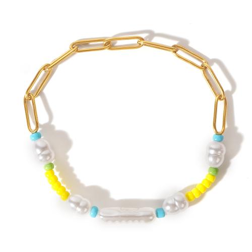 laiton bracelet, avec Seedbead & perle de plastique, Placage de couleur d'or, bijoux de mode & pour femme, couleurs mélangées, protéger l'environnement, sans nickel, plomb et cadmium, Longueur:Environ 17.5 cm, Vendu par PC