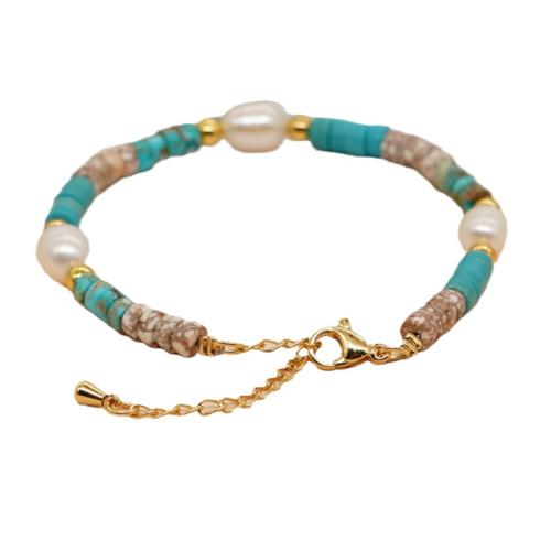 Gemstone Bracelets, with Freshwater Pearl & Brass & 304 Stainless Steel, with 5cm extender chain, gold color plated, fashion jewelry & for woman, mixed colors, Length:Approx 16.5 cm, Sold By PC