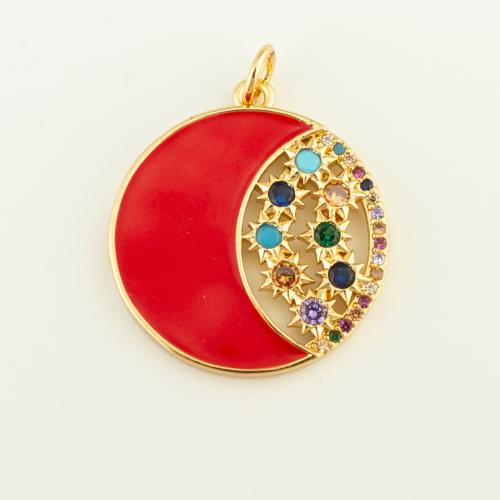 Cubique Pendentif en laiton zircon pavent, Rond, Placage de couleur d'or, DIY & pavé de micro zircon & émail, rouge, protéger l'environnement, sans nickel, plomb et cadmium, 25x22x2mm, Vendu par PC