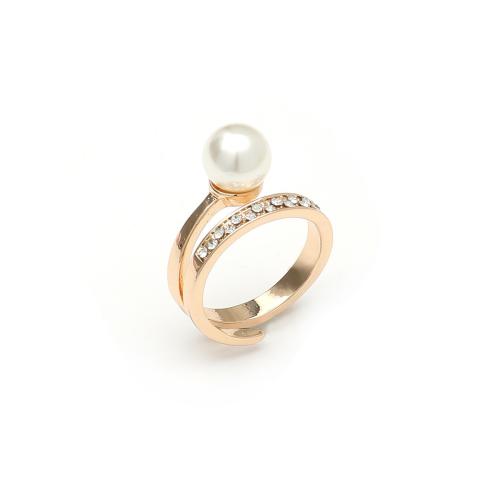 Tibetan Style Finger Ring, with Plastic Pearl, gold color plated, fashion jewelry & with rhinestone, golden, nickel, lead & cadmium free, US Ring Size:8, Sold By PC