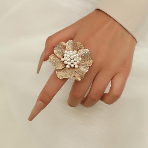 Tibetan Style Finger Ring, with Plastic Pearl, Flower, gold color plated, fashion jewelry, golden, nickel, lead & cadmium free, Sold By PC