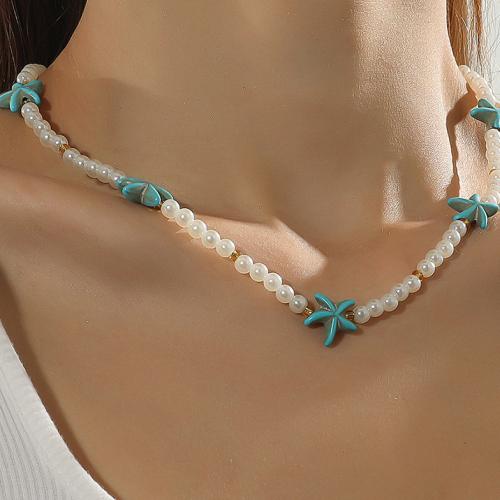 perle de plastique collier, avec turquoise, avec 7cm chaînes de rallonge, bijoux de mode, blanc, Longueur 40 cm, Vendu par PC