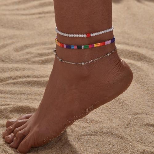 Fashion Jewelry Anklet, Nylon Cord, with Plastic Pearl & Tibetan Style, mixed colors, 3PCs/Set, Sold By Set