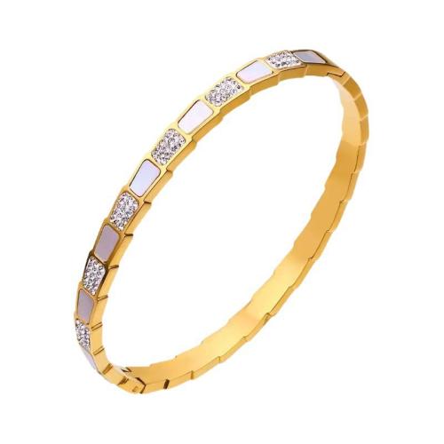 Titanium Steel Bracelet & Bangle, with White Shell, plated, fashion jewelry & for woman & with rhinestone, golden, Inner diameter: about 60cm., Sold By PC