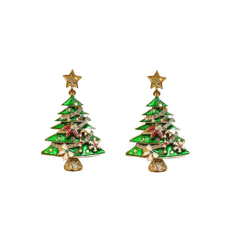 Pendientes de Navidad, aleación de zinc, Árbol de Navidad, chapado, Diseño de Navidad & para mujer & esmalte & con diamantes de imitación, Vendido por Par