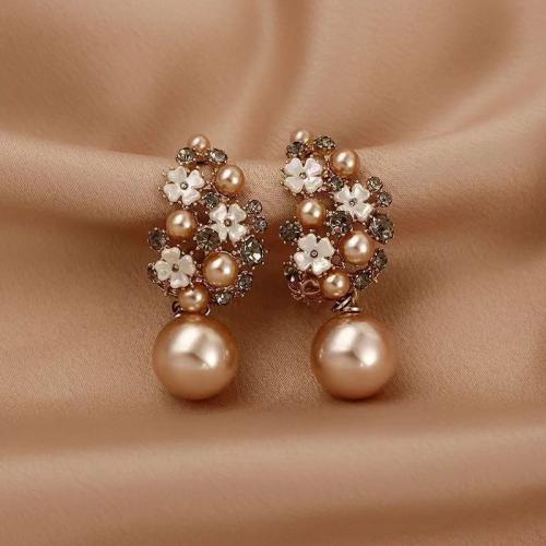 Tibetan Style Drop Earrings, with Plastic Pearl, plated, fashion jewelry & for woman & with rhinestone, dark brown, 45x16mm, Sold By Pair