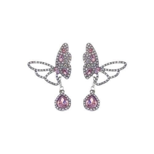 Rhinestone Earring, Tibetan Style, Butterfly, plated, for woman & with rhinestone & hollow, platinum color, 40x30mm, Sold By Pair