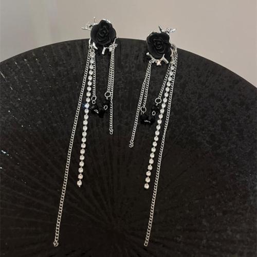 Tibetan Style Drop Earrings, with Crystal, plated, fashion jewelry & for woman & with rhinestone, silver color, 118x20mm, Sold By Pair