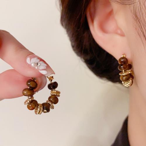 Brass Stud Earring with Tiger Eye real gold plated for woman gold Sold By Pair