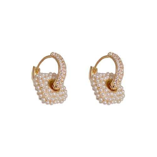 Cubic Zirconia Micro Pave Brass Earring, with Plastic Pearl, real gold plated, micro pave cubic zirconia & for woman, gold, 19x12mm, Sold By Pair