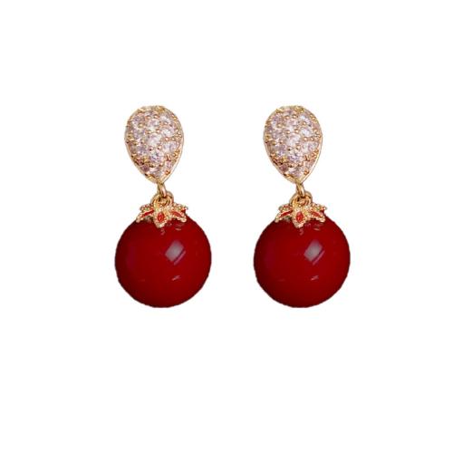 Boucles d'oreilles en laiton zircon cubique pavent, avec perle de plastique, Plaqué d'or, pavé de micro zircon & pour femme & émail, rouge, 27x12mm, Vendu par paire