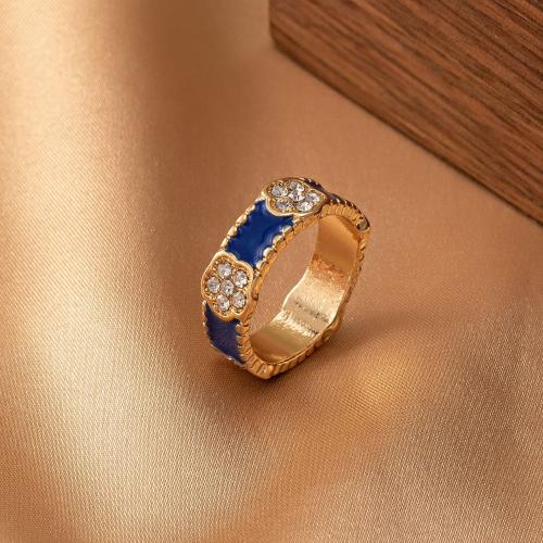 Tibetan Style Finger Ring, with Glass Rhinestone, plated, for woman & enamel, blue, Sold By PC