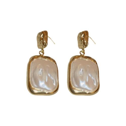 Tibetan Style Stud Earring, with Plastic Pearl, plated, for woman, golden, 45x21mm, Sold By Pair