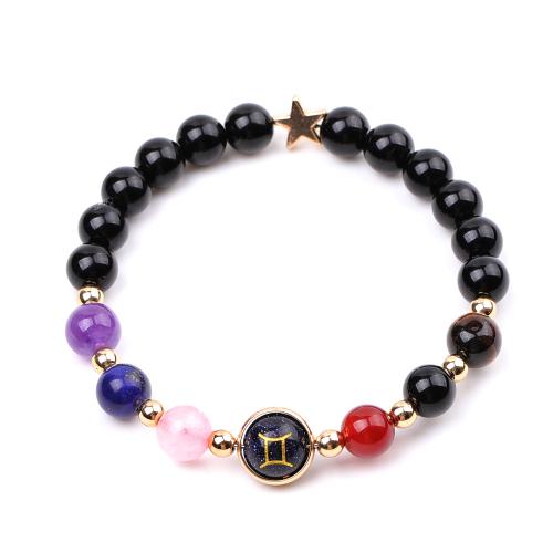 Black Stone Bracelet, with Lapis Lazuli & Blue Goldstone & Tiger Eye & Agate & Tibetan Style, 12 Signs of the Zodiac, handmade, Unisex & different styles for choice, Length:Approx 7.3-7.5 Inch, Sold By Set