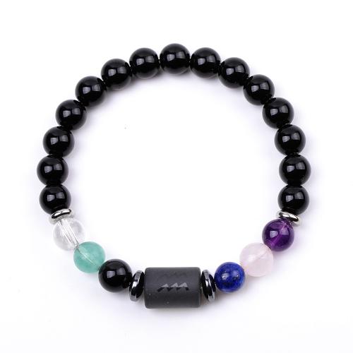 Black Stone Bracelet, with Gemstone & 304 Stainless Steel, 12 Signs of the Zodiac, handmade, Unisex, Length:Approx 7.3-7.5 Inch, Sold By PC