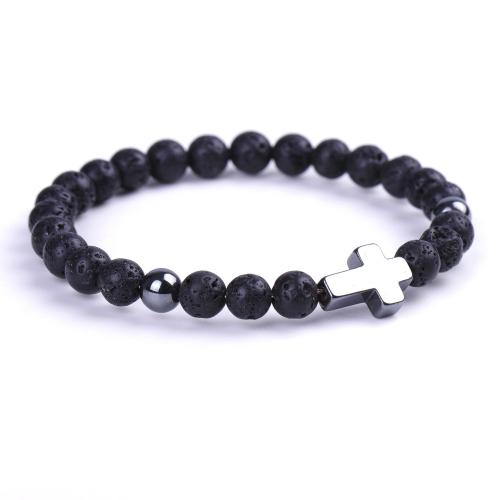 Gemstone Bracelet, with Black Magnetic Stone & Tibetan Style, Cross, handmade, different materials for choice & Unisex, Length:Approx 7 Inch, Sold By PC