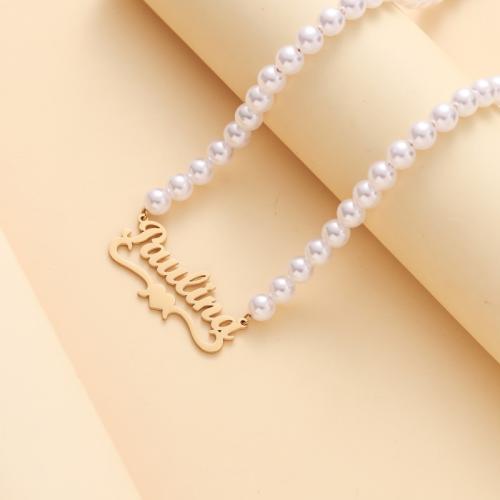 Stainless Steel Jewelry Necklace, 304 Stainless Steel, with Plastic Pearl, with 5cm extender chain, Each custom text must be less than 10 letters & fashion jewelry & for woman, golden, Length:Approx 40 cm, Sold By PC