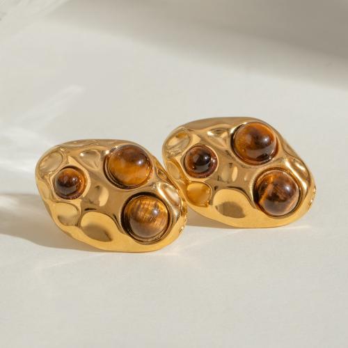 Pendientes de Acero Inoxidable, acero inoxidable 304, con Ojo de tigre, chapado en color dorado, para mujer, Vendido por Par