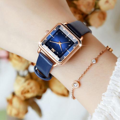 Tibetan Style Watch Bracelet, with Leather & Glass & 304 Stainless Steel, Square, Life water resistant & Chinese movement & for woman & with rhinestone, more colors for choice, Length:Approx 18 cm, Sold By PC