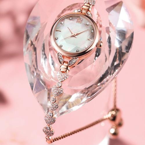 Tibetan Style Watch Bracelet, with Glass & 304 Stainless Steel, Round, rose gold color plated, Life water resistant & Chinese movement & for woman & with rhinestone, Dial diameter 23mm, Length:Approx 18-23 cm, Sold By PC