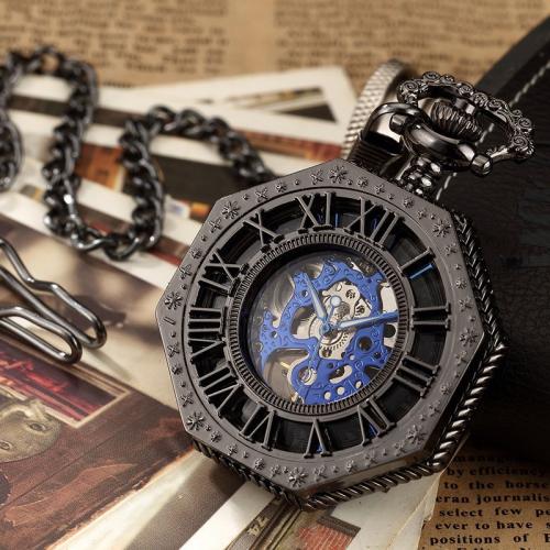 Tibetan Style Pocket Watch, with Glass & 304 Stainless Steel, Geometrical Pattern, plated, for man & hollow, more colors for choice, watchcase size 45mm, Length:Approx 37.5 cm, Sold By PC