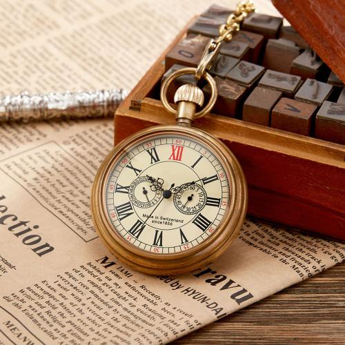 Brass Pocket Watch, with Glass & Tibetan Style, Round, gold color plated, vintage & with roman number & Unisex, watchcase size 45x15mm, Sold By PC