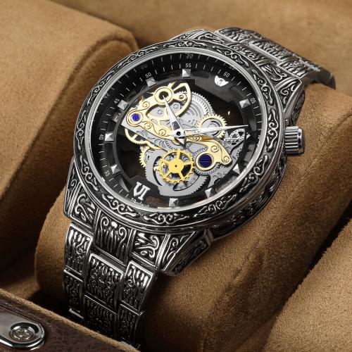 Tibetan Style Watch Bracelet, with Glass, Round, plated, Chinese movement & for man & hollow, more colors for choice, Dial diameter 43mm, Length:Approx 20-25 cm, Sold By PC