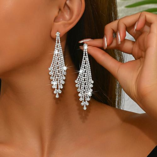 Tibetan Style Tassel Earring, Rhombus, platinum color plated, for woman & with rhinestone, 22x85mm, Sold By Pair