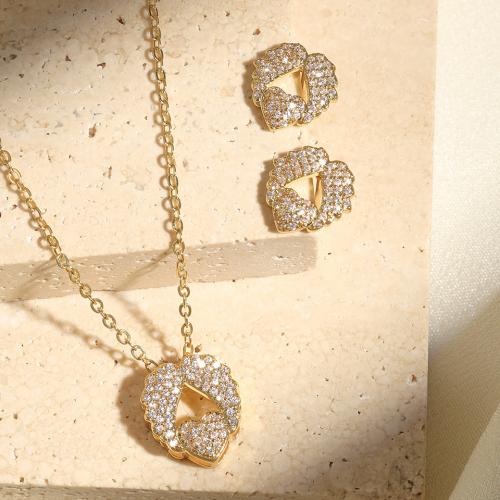 Cubic Zirconia Micro Pave Brass Jewelry Sets Stud Earring & necklace with 6cm extender chain 2 pieces & fashion jewelry & micro pave cubic zirconia & for woman Length Approx 40 cm Sold By Set