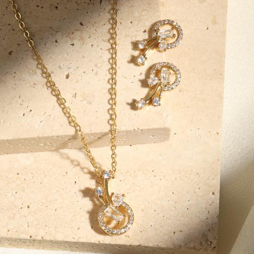 Cubic Zirconia Micro Pave Brass Jewelry Sets, Stud Earring & necklace, with 5.5cm extender chain, 2 pieces & fashion jewelry & micro pave cubic zirconia & for woman, golden, Length:Approx 41 cm, Sold By Set