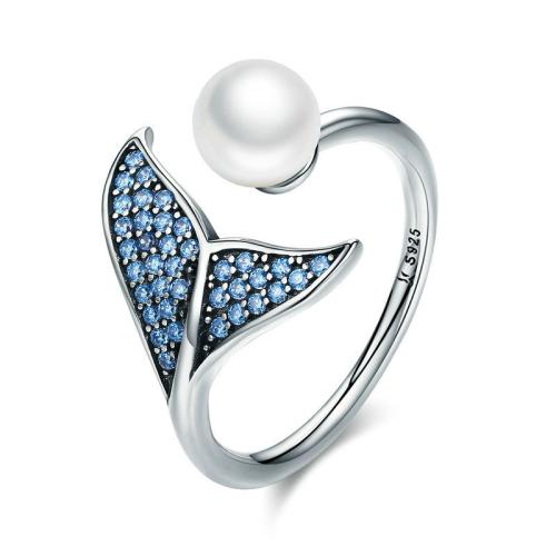 Cubic Zirconia Micro Pave 925 Sterling Silver Rings, with Shell Pearl, Mermaid tail, fashion jewelry & micro pave cubic zirconia & for woman, US Ring Size:7, Sold By PC