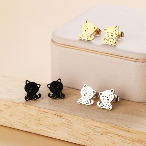 Stainless Steel Stud Earrings, 304 Stainless Steel, Cat, Vacuum Ion Plating, fashion jewelry & for woman, more colors for choice, 9.50x12mm, 12Pairs/Bag, Sold By Bag