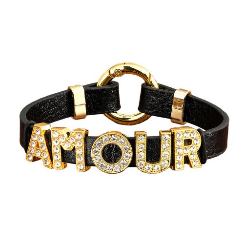 Bracelets cordon PU, cuir PU, avec alliage de zinc, Placage de couleur d'or, bijoux de mode & pavé de micro zircon & pour homme, plus de couleurs à choisir, Longueur:Environ 21 cm, Vendu par PC